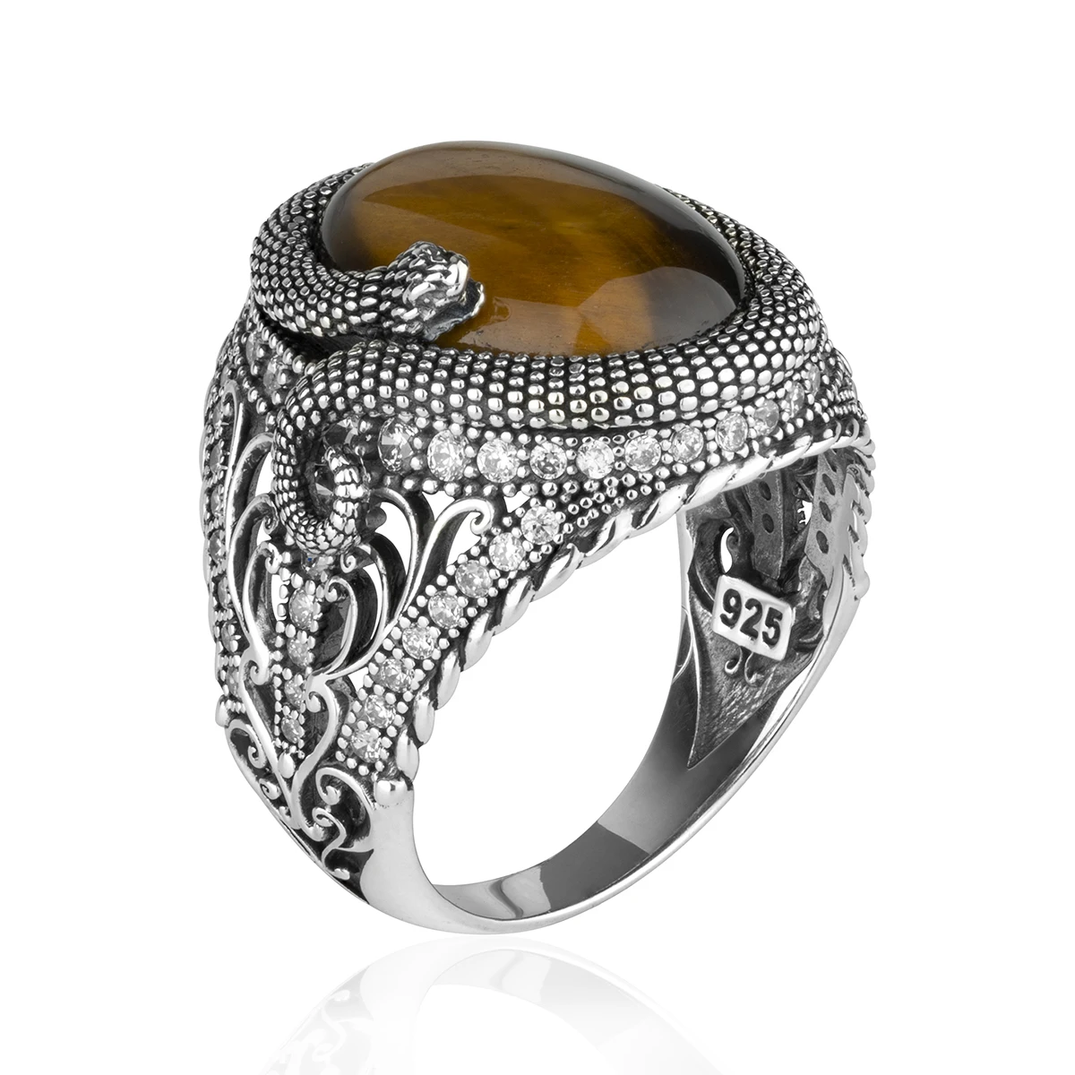 

Snake Ring 925 Sterling Silver Tiger Eyes Onyx Stone Fine Jewelry Made in Turkey in a luxurious way for men with gift All Size