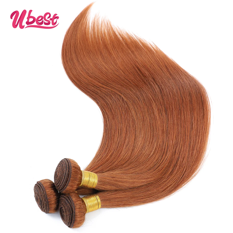 Ubest gengibre brown em linha reta com 4x4 fechamento do laço pacote de cabelo humano com fechamento pacotes de cabelo reto brasileiro com fechamento