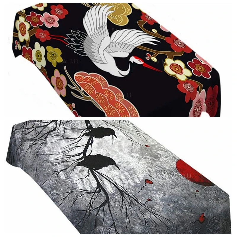 Abstract Surreal Raven Red Blood Moon Crane Asian Heron Bird Colorful Floral Branch Clouds Tablecloth For Outdoor Indoor Decor