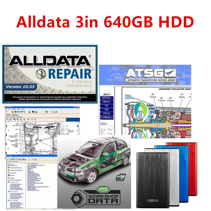 2021 Hot Sale Alldata Auto Repair Software 10.53v All Data Vivid 10.2 And Atsg 2017 Automotive Tech 3 in 640gb HDD 3.0 USB