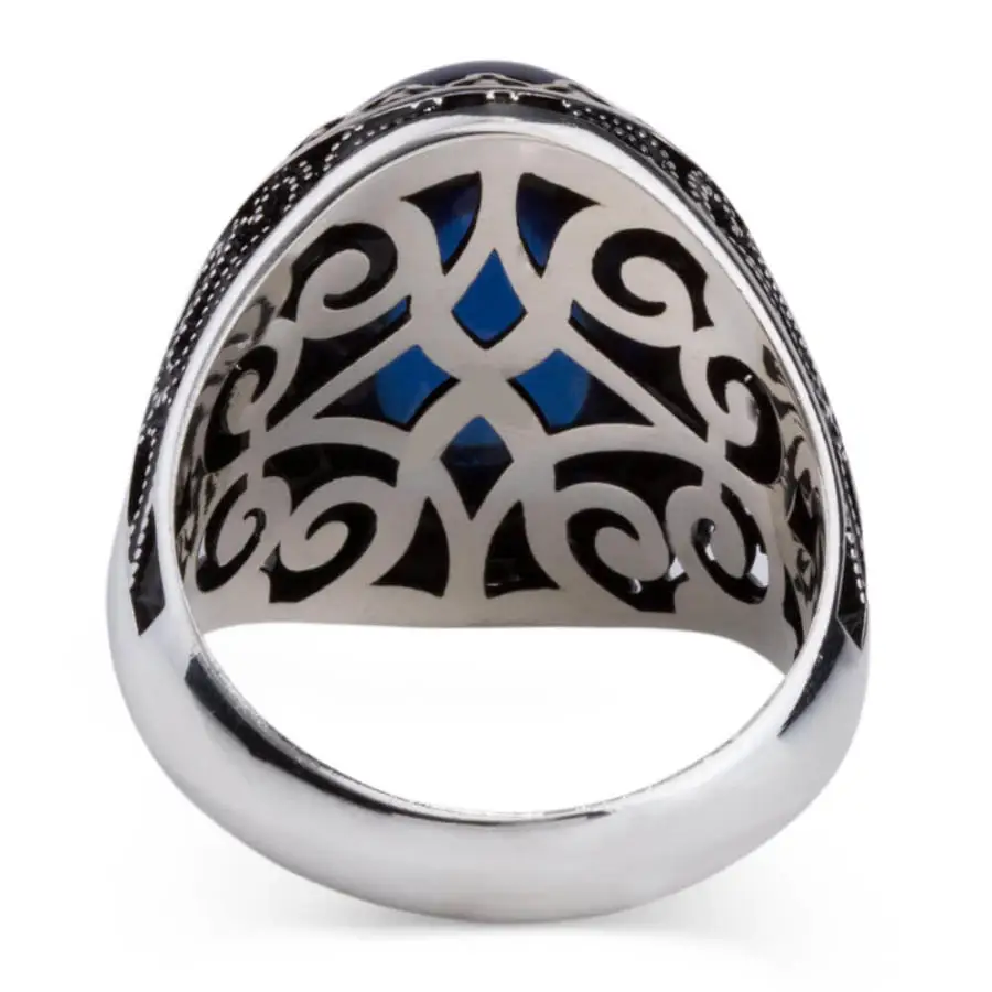 Customizable Sterling Silver Mens Ring with Blue Zircon Stone Fashion Turkish Premium Quality Handmade Jawelery