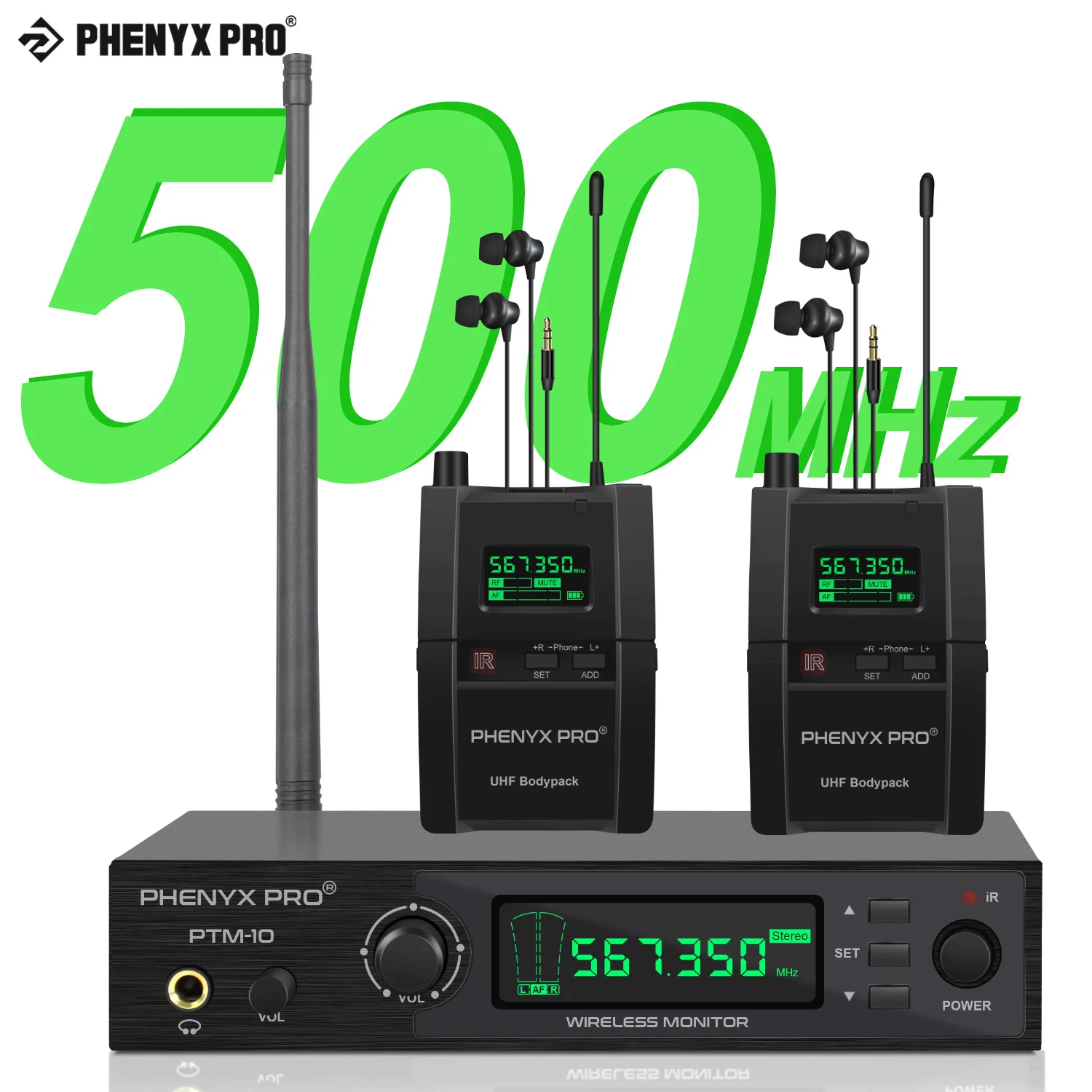 Phenyx Pro Stereo in Ear Monitor System Selectable Frequency Rack Mountable for Stage Stereo Personal Monitoring 500MHz band