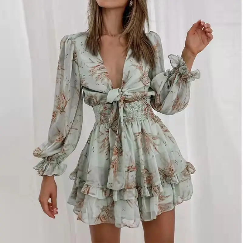 Women Spring V Neck Chiffon Print Dress Self-tie Knot Front Ruffles Leopard Dress Female Sexy Short A Line Party