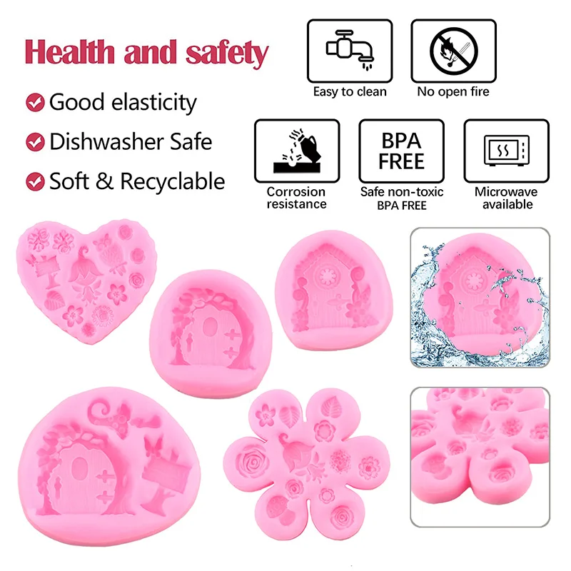 Fairy Garden Gnome Door Window Silicone Molds Flower Leaf Mushroom Cupcake Topper Fondant Cake Decorating Tools Chocolate Moulds