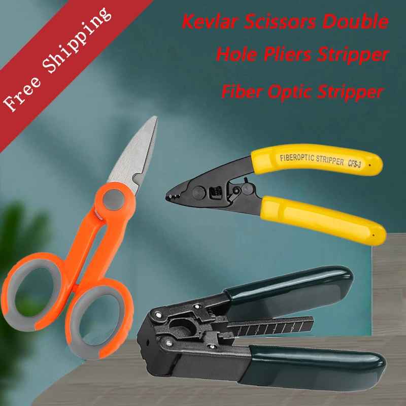 

Free Shipping 3 Packs Fiber Optic Tool Kit Kevlar Scissors Double Hole Pliers Stripper and Fiber Optic Stripper CFS-3