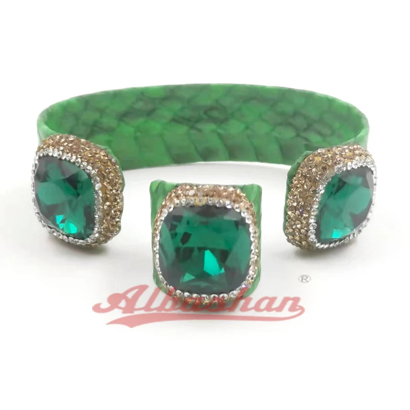 

Natural snakeskin druzy bracelet jewelry set green Snake skin ring gift women Bridal jewelry Valentines Day Gift