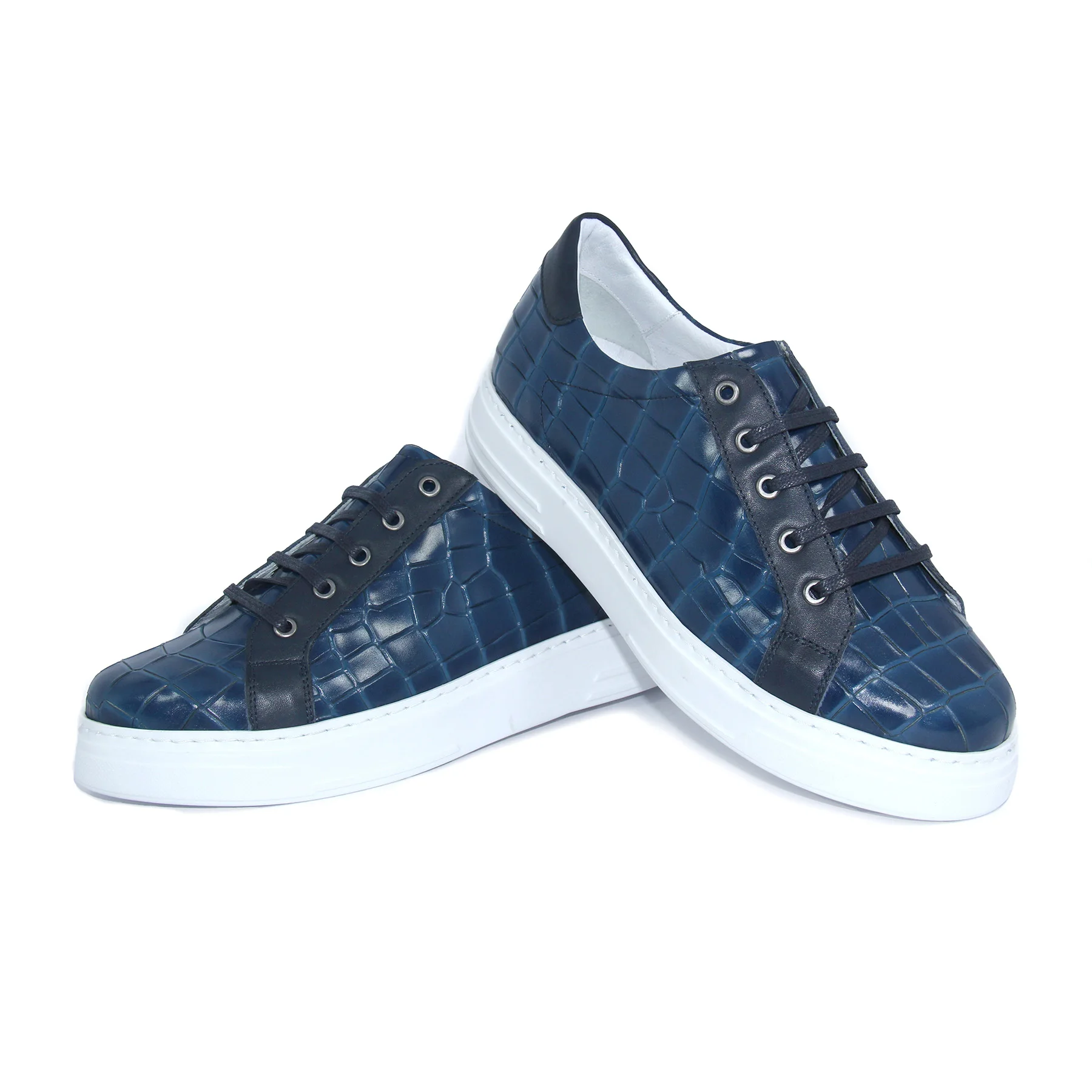 

Men's Handmade Dark Blue Croco Sport Sneakers, Lightweight EVA Sole, Genuine Calf Skin, Embossed Alligator Skin Pattern, Casual