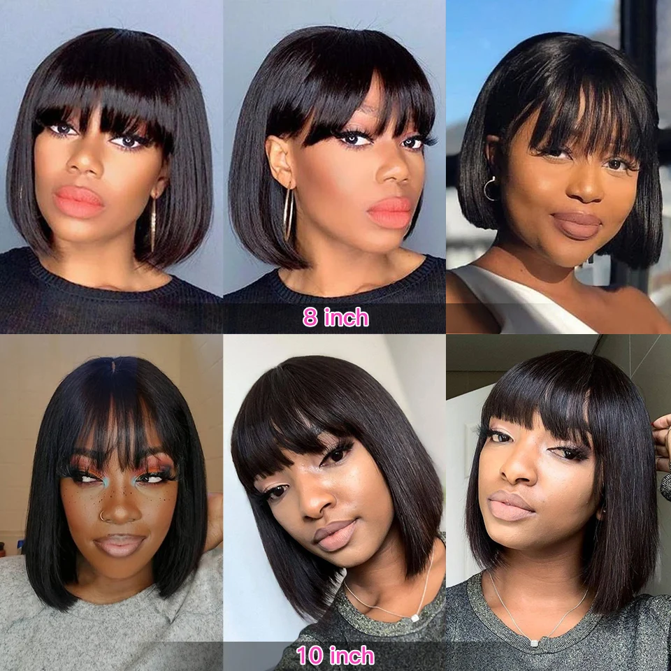 Fringe Wig Human Hair Short Bob Wig Eruopean Straight Human Hair Wigs With Bang Full Machine Wig Cheap Human Hair Wigs Under $50