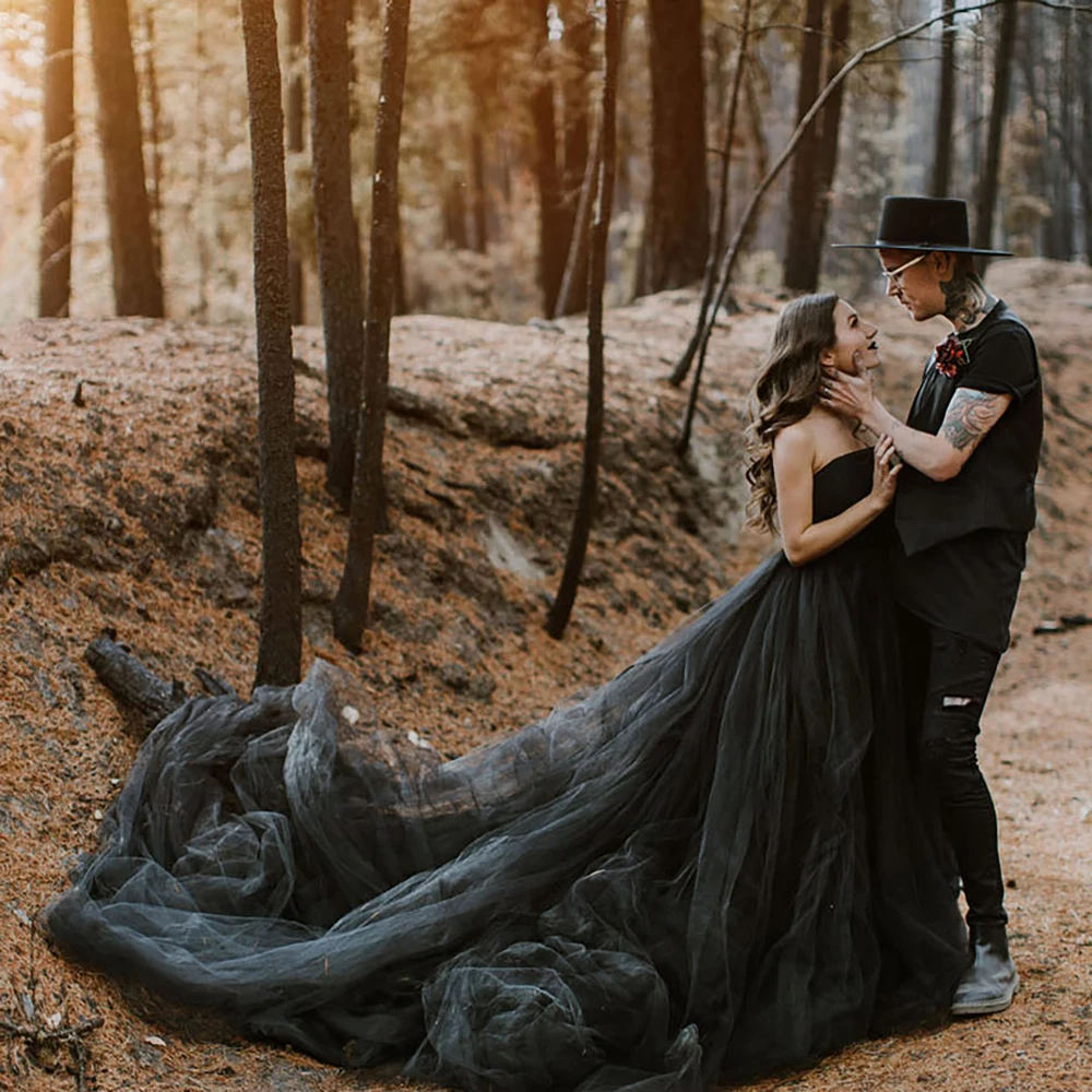 Vestido de novia sin tirantes de tul negro, prenda de novia con cola, cola, Simple, inflable, para fotografía