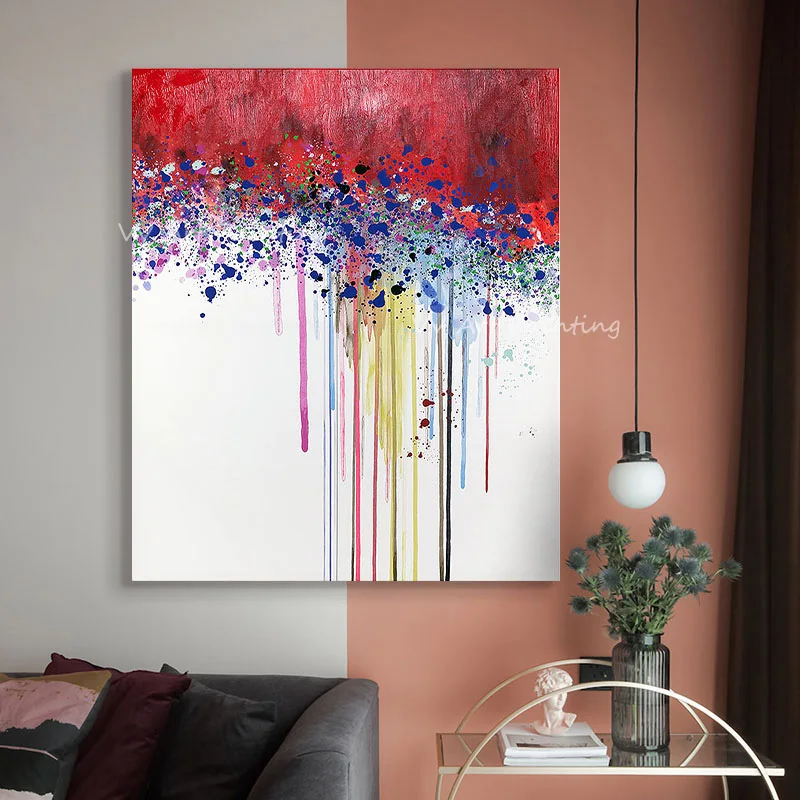 100% Handmade Thick Texture Abstract Canvas Painting, Colorful Paint Drip & Splatter Oil Art, Contemporary Vertical Wall Art