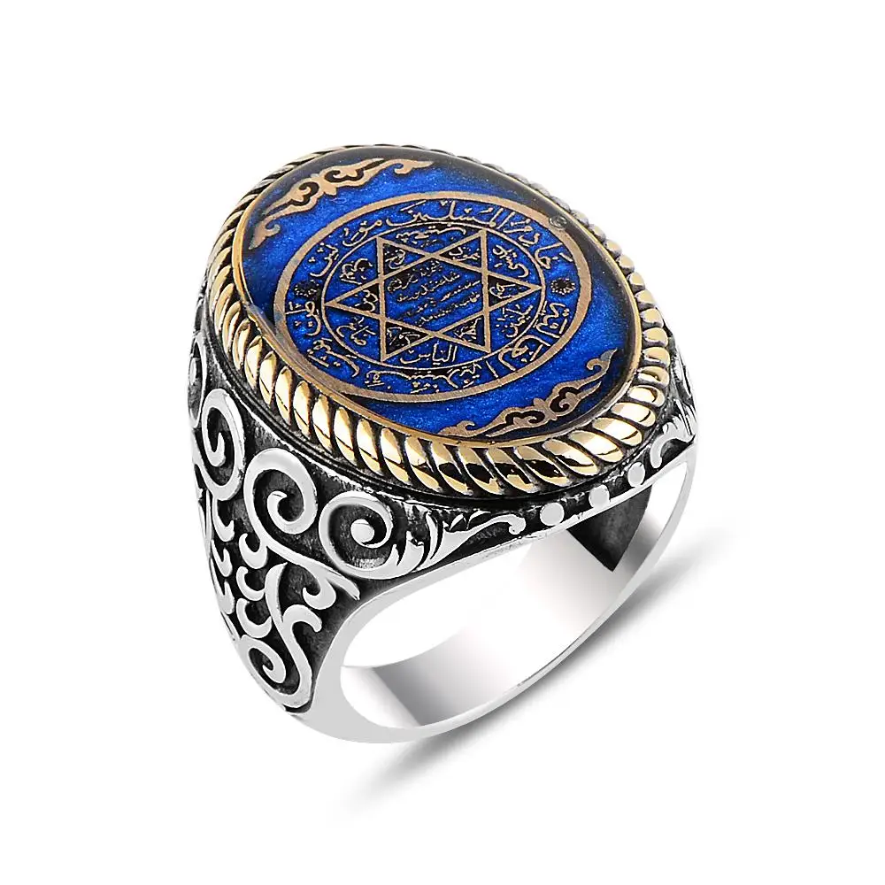 New Trendy Islamic Amulet Ring Khatam Suleiman The Seal of Solomon Muhru Suleiman Hexagram Sign English 925 Silver Ring for men