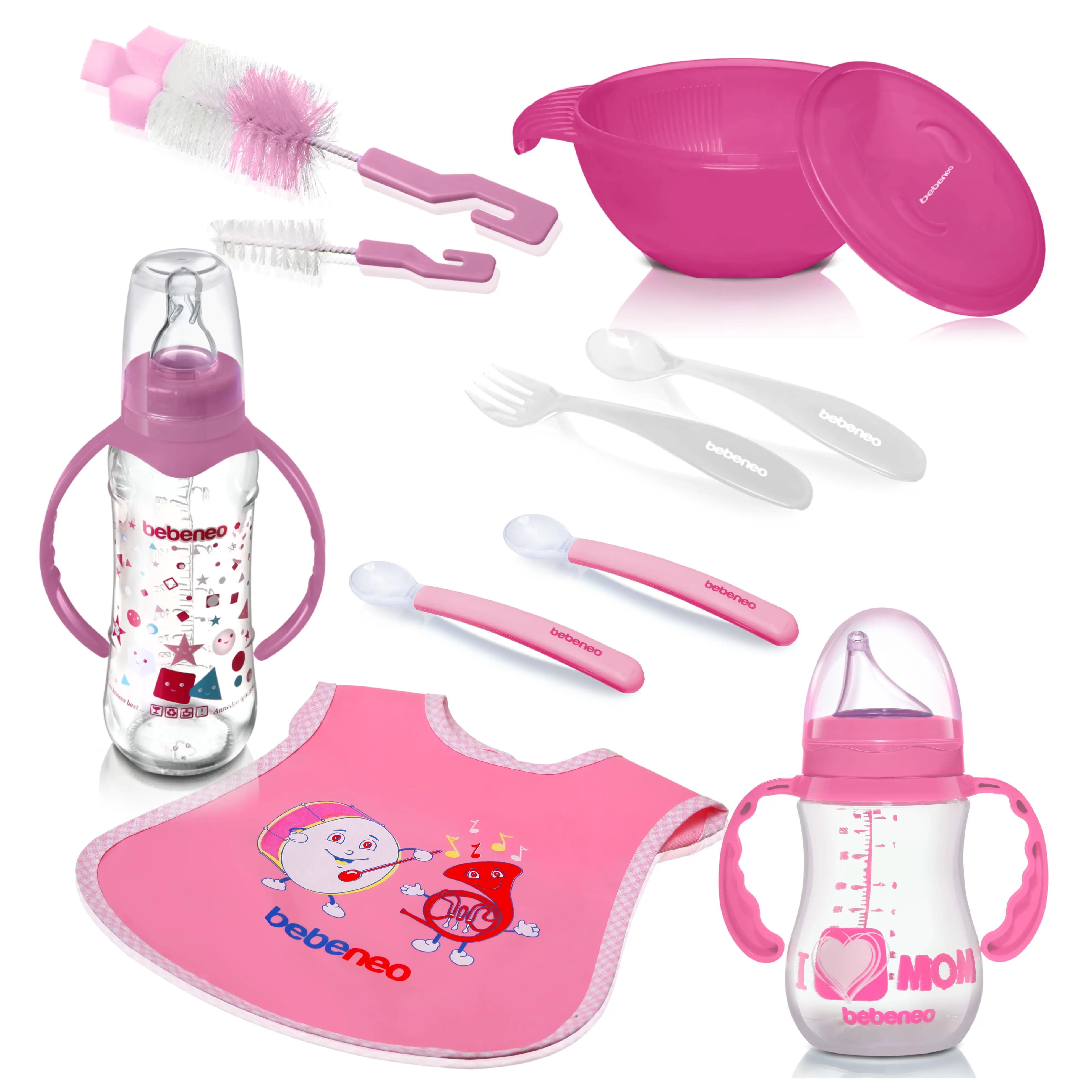 Feeding bottle set for baby - 10 pieces - Bib, Baby food bowl, Baby bottle and drinker, Silicone spoon, pp fork  MADE IN TURKEY