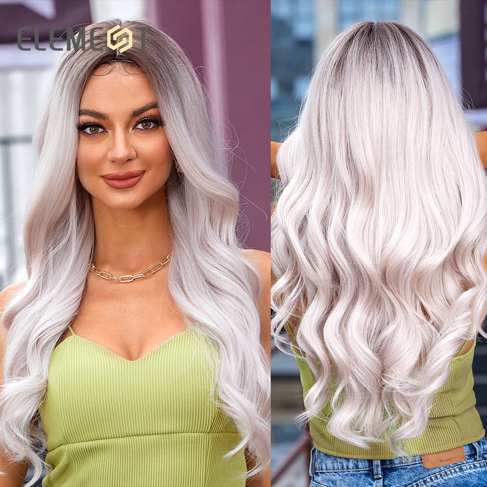 

ELEMENT Synthetic Wigs Ombre Dark Roots Light Purple Grey Long Wavy Wig For Women Ladies Party Daily Use Heat Resistant Fiber