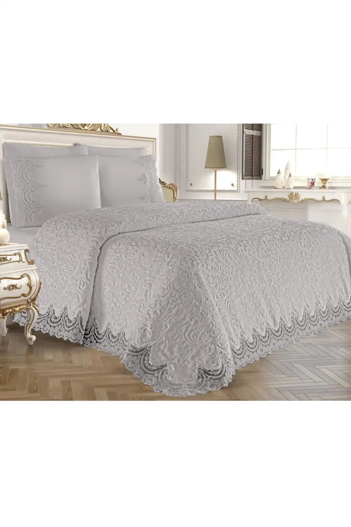 Elegant French Guipure Lacey Double Blanket Set 6PCS Grey Embroidered Pillowcases Blanket Bed Sheet Quality Bed Lining - Lisa