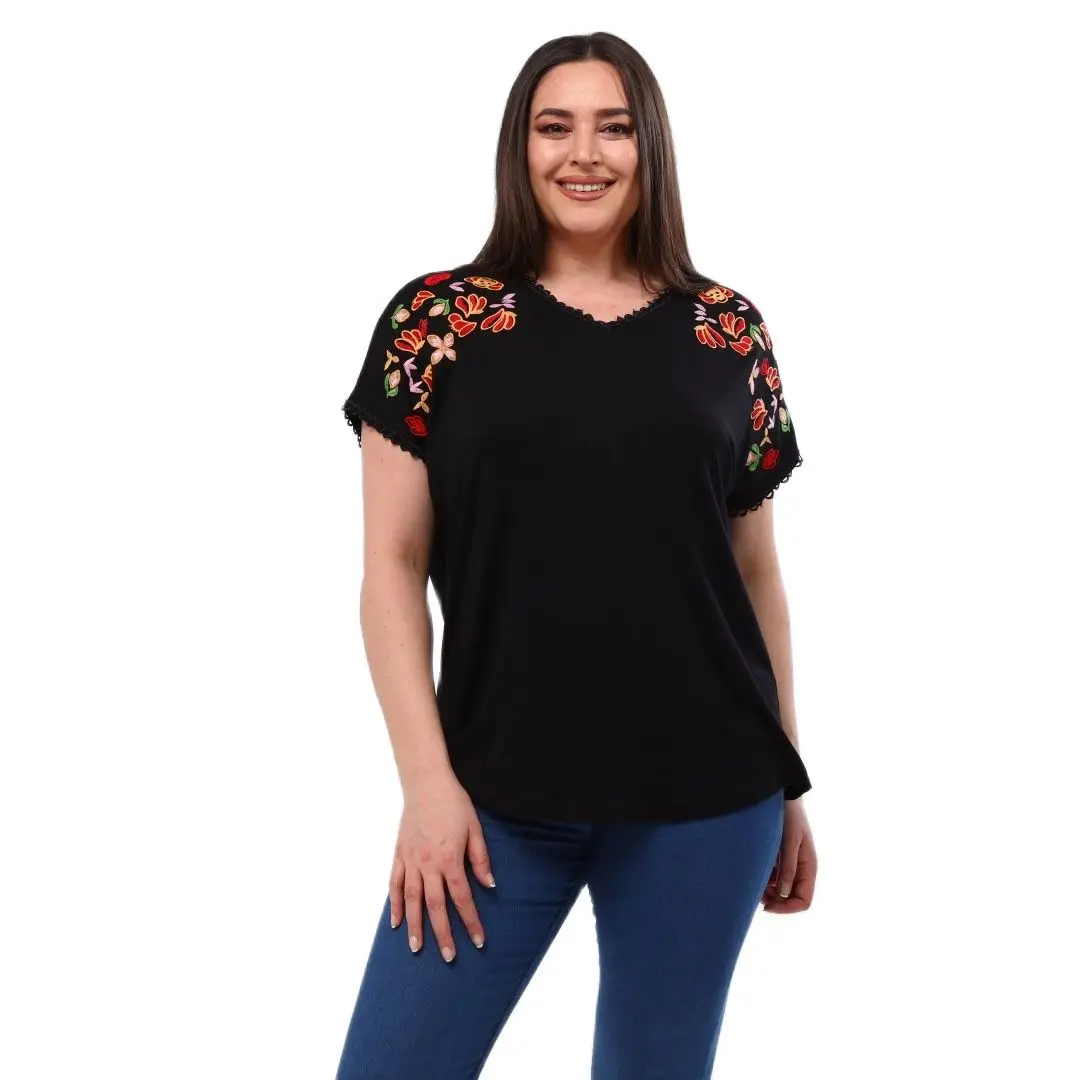 Women’s Plus Size Blouse V-Neck Flower Embroidery Detail, Designed and Made in Turkey, New Arrival