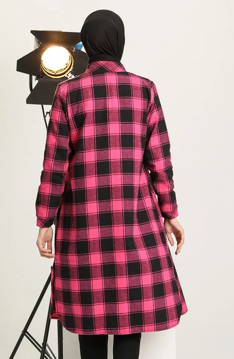 Lumberjack Plaid Patterned Tunic Pocket Buttoned Long Sleeve Unlined Shirt Collar Winter Seasonal Muslim Fashion Hijab  Clothing