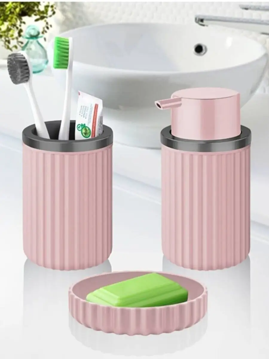 3 Pcs Pink Plastic Bathroom Accessories Set Durable Toothbrush Holder Liquid Soap Dispenser Soap Holder Stylish Made in Turkey