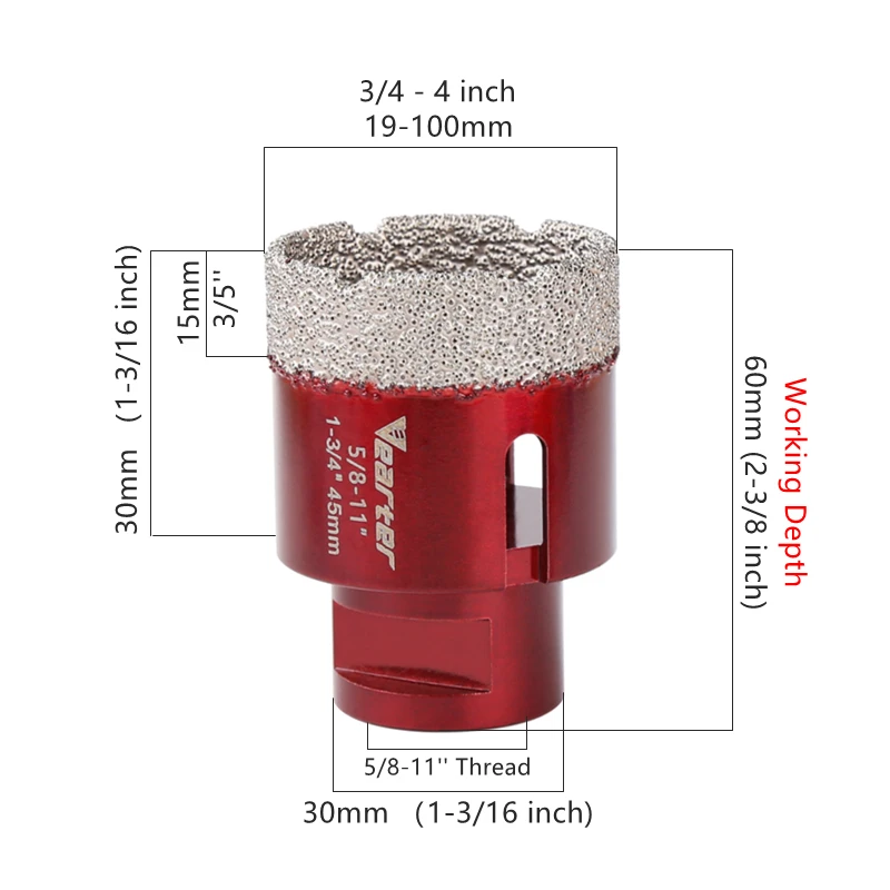 Imagem -03 - Vearter-vacuum Brazed Diamante Broca Núcleo Buraco Saw Cortador de Azulejo Mármore Concreto Cerâmica Tijolo 11 Thread 44