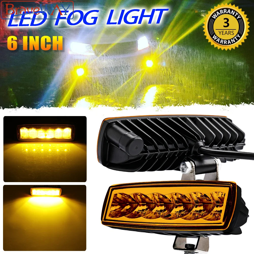 BraveWay Led Fog Light Super 3000k Yellow Work Light 6 inch 2pcs Offroad Truck Led Headlight 24v Car Driving Light Square 30w