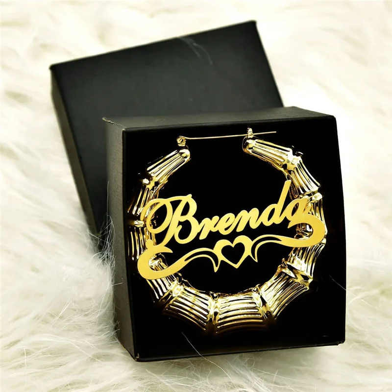 Pendientes de aro de bambú de acero inoxidable para mujer, joyería personalizada con nombre, regalo