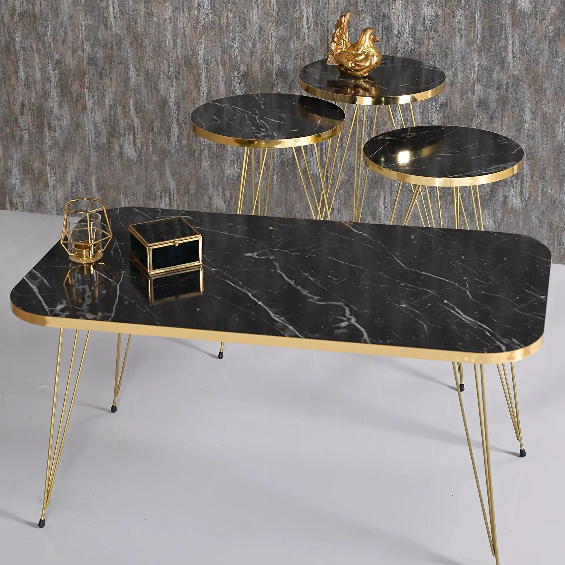 GOLDFALEZ 3-piece Zigon Coffee Table And Center Table Set Gold Metal Legs Multi-Purpose Use Quality Material Black Marble Looking Top.