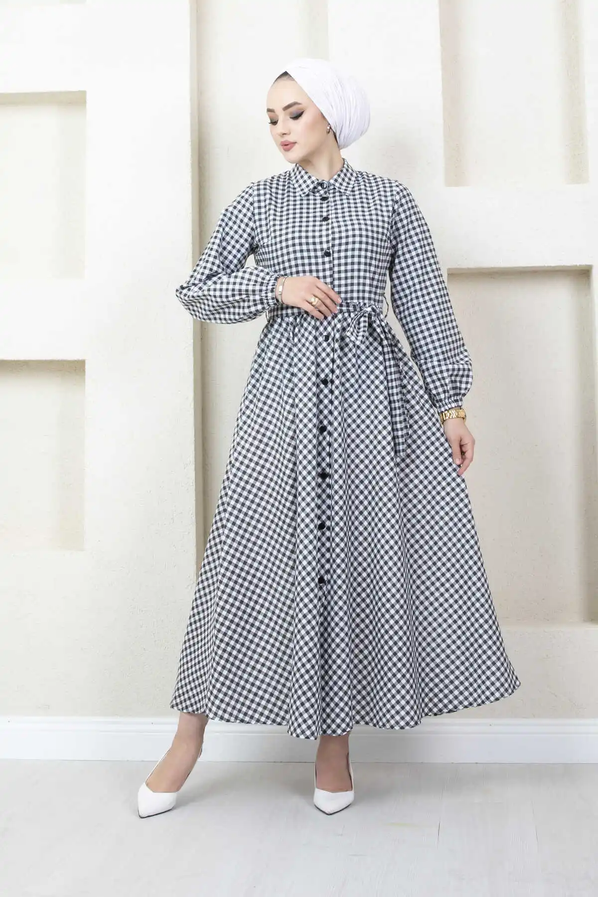 Women 88gingham Patterned Hijab Dress Ramadan Eid Mubarak Chiffon Outdoor Abaya Kimono Dubai Turkey Islamic Kaftan Muslim Robe Femme