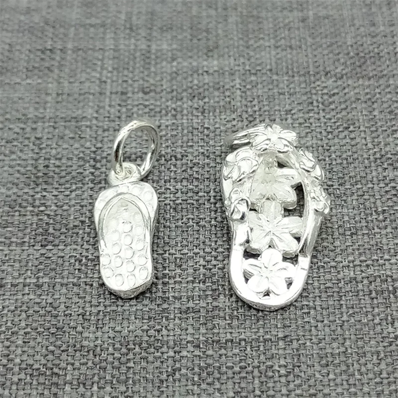 2pcs of 925 Sterling Silver Flip Flop Shoe Charms 3D with Flowers for Bracelet Necklace Earrings