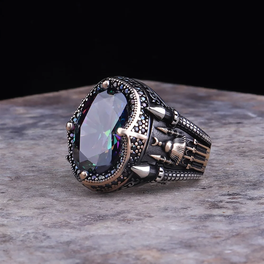 

925K Sterling Silver Ring, Mystic Topaz Gemstone Mosque Motiff Fine Workmanship Turkish Handmade Jewelry Islamic Accessory Man