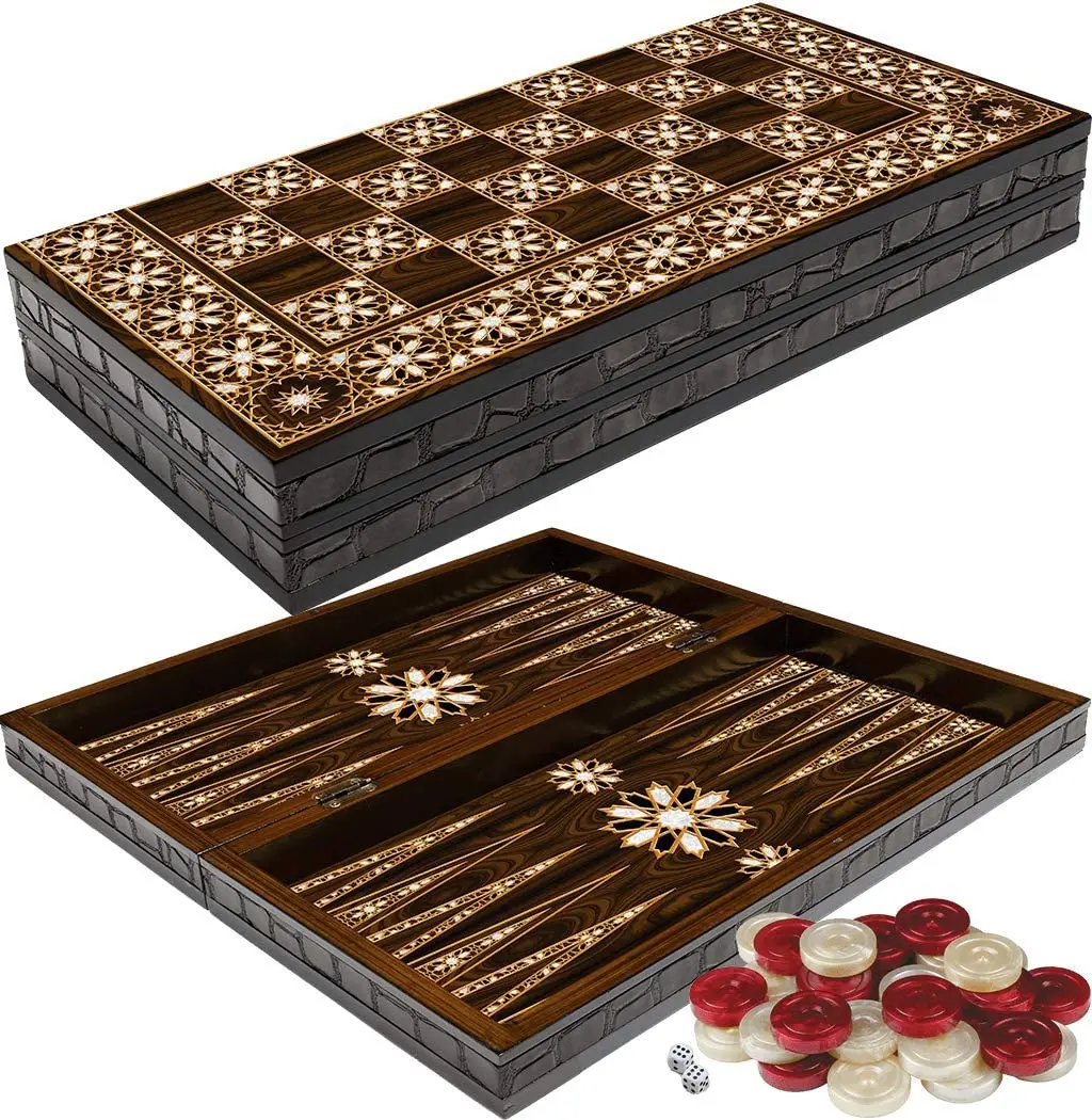 LaModaHome Turkish Backgammon Set, Nacreous Wooden and Leather Covering, Board Game for Family Nights, Modern Elite Vinyl Unscra