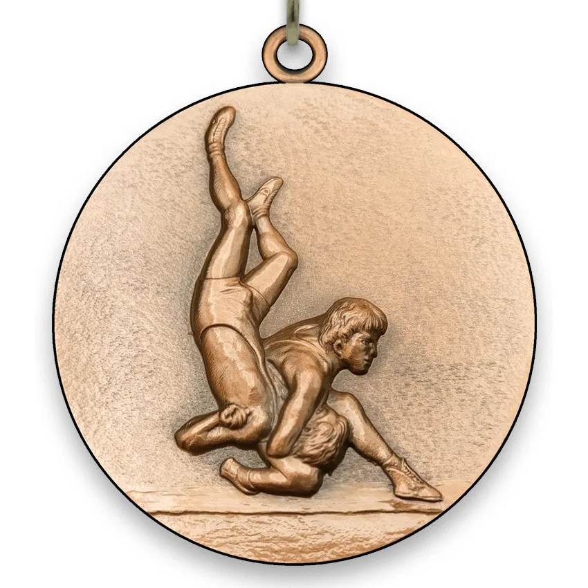 Large Metal Wrestling Bronze Medal - 6,4 cm - with Neck Ribbon size 2,2cm x 80 cm - Choice of Ribbon Colours.