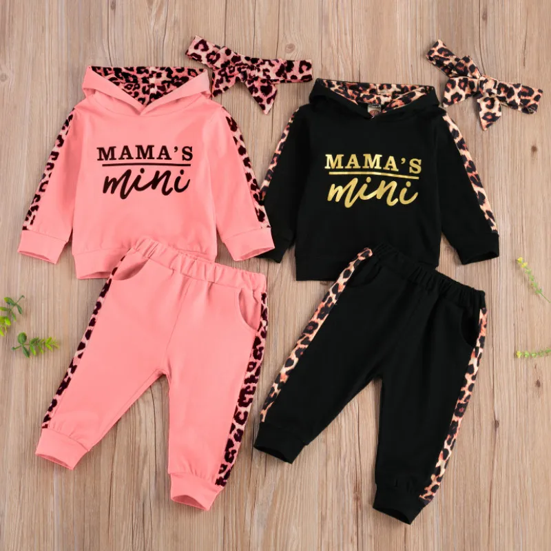 Pasgeboren Baby Meisje Kleding Herfst 2023 3 Stuks Sets Luipaard Brief Hooded Sweater Broek Outfit Baby Trainingspak Set Lente