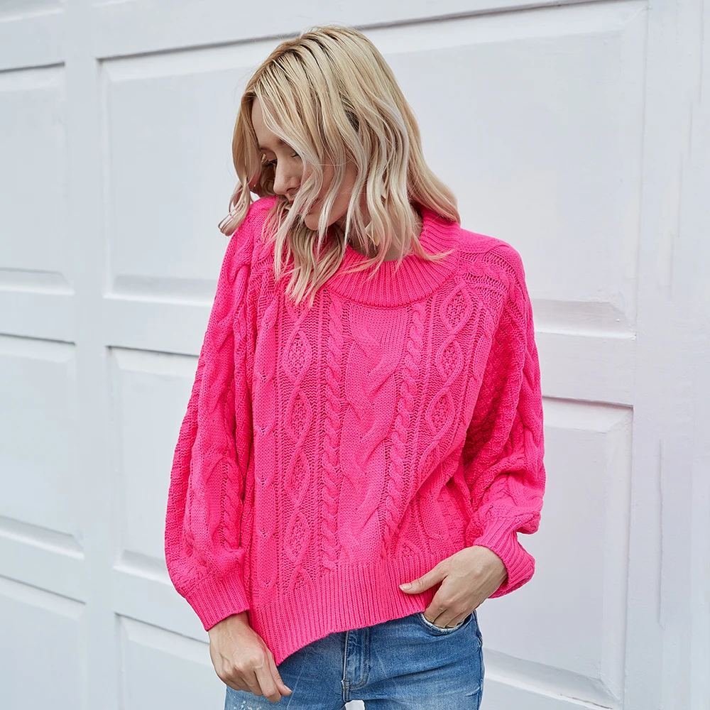 Women\'s Neon Sweater Autumn Winter Female\'s O-neck Casual Noodles Grain Loose Knitted Shirts Ladies Fuchsia Pink Jumper