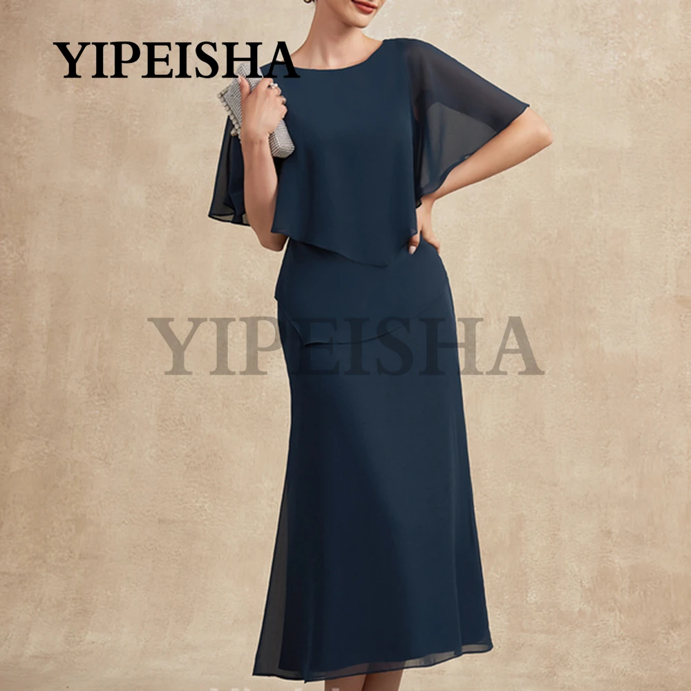 Simple Short Sleeve Navy Blue Mother Of The Bride Dresses Tea-Length Chiffon Wedding Guest Gown vestidos para madre de novia