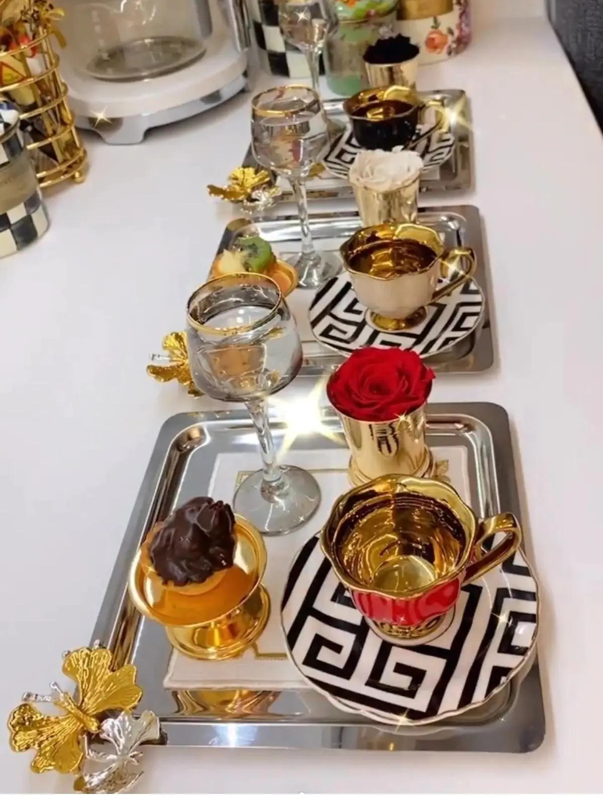 Stainless Steel Square 3 PCs Service And Presentation Tray Butterfly Accessories Decorative Lux Service Eat at the Presentation of Organizer Multi-Purpose