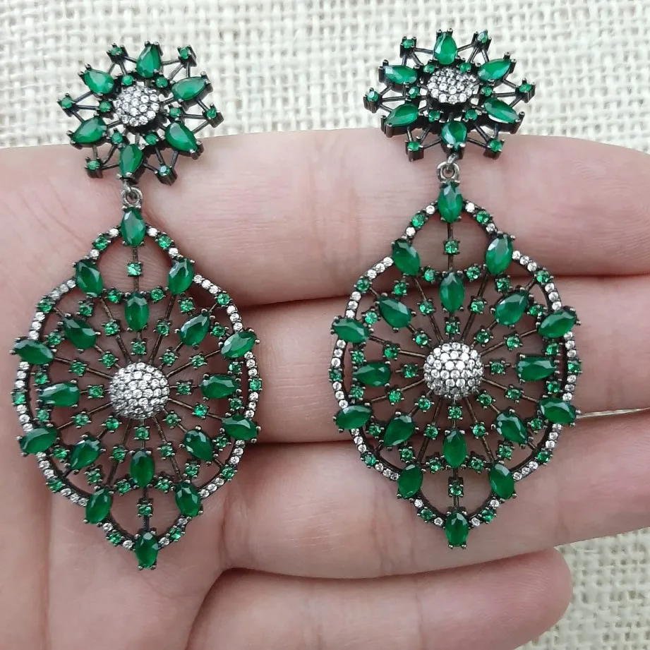 925 Sterling Silver Earrings Green Stone Statement Long Big Boho Cute Dangle Stud Earrings серьги с камнями 925