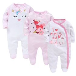 3PCS Winter Baby Girls Rompers Roupa De Bebes Pink Unicorn I Love Mummy Printing Clothes Kids Outfit Jumpsuit For Newborn