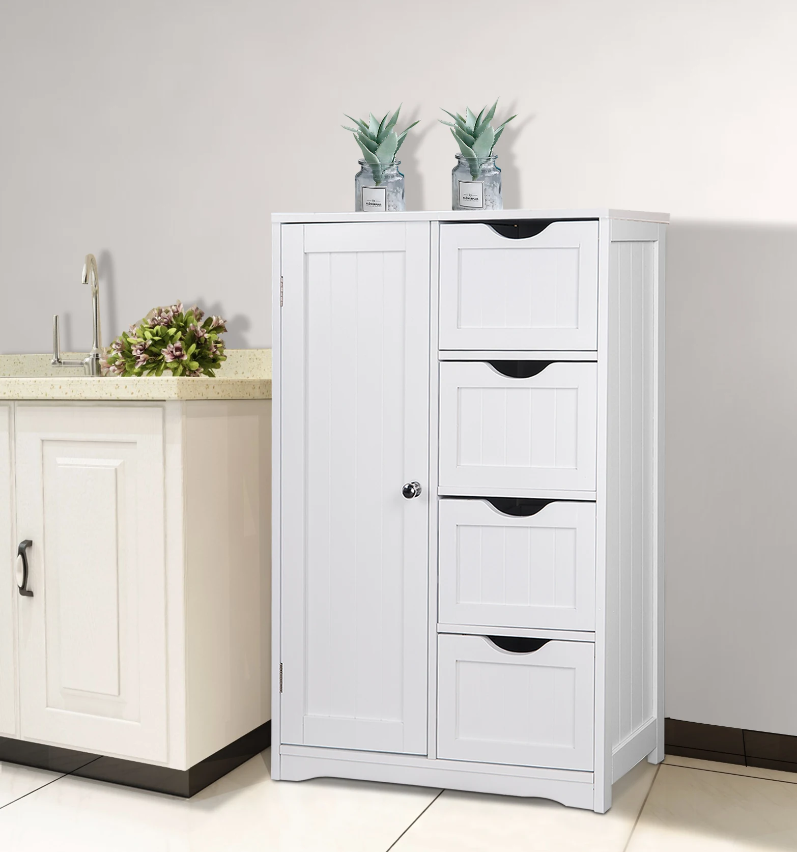 WOLTU Badezimmerschrank, hohes Badezimmerregal mit 4 Schubladen, Eckschrank, Nachttisch, Toilette, Badezimmermöbel