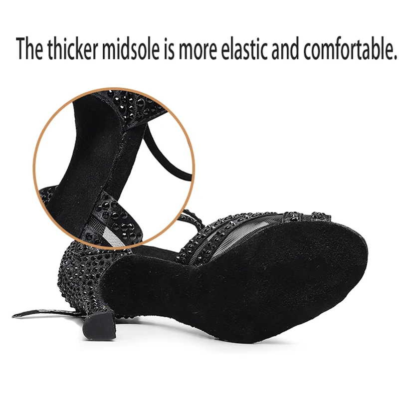 Woman Crystal Pearl Latin Dance Shoes Women Black Nude Strappy Ballroom Salsa Dancing Shoes Girls Suede Leather Performace Shoe