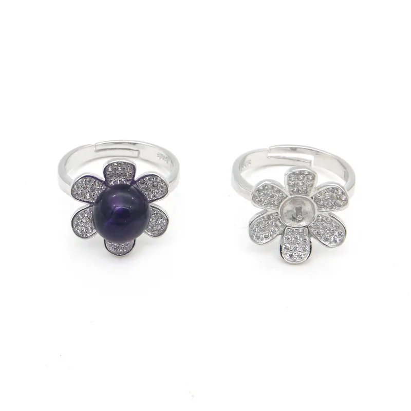 Adjustable 925 Sterling Silver Ring Base Setting Platinum Plated With Cubic Zirconia 16.5mmTray 5mm For Half Drilled Beads Gift