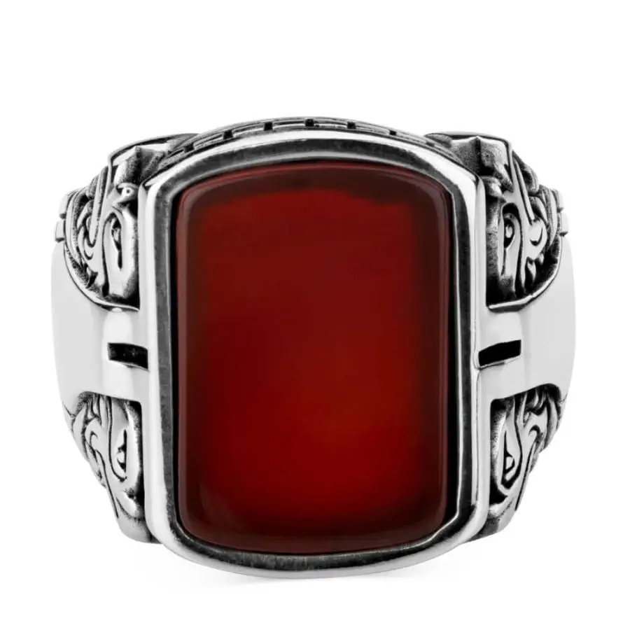 925 Sterling Silver Mens Ring with Agate Stonework Fashion Turkish Premium Quality Handmade Jawelery