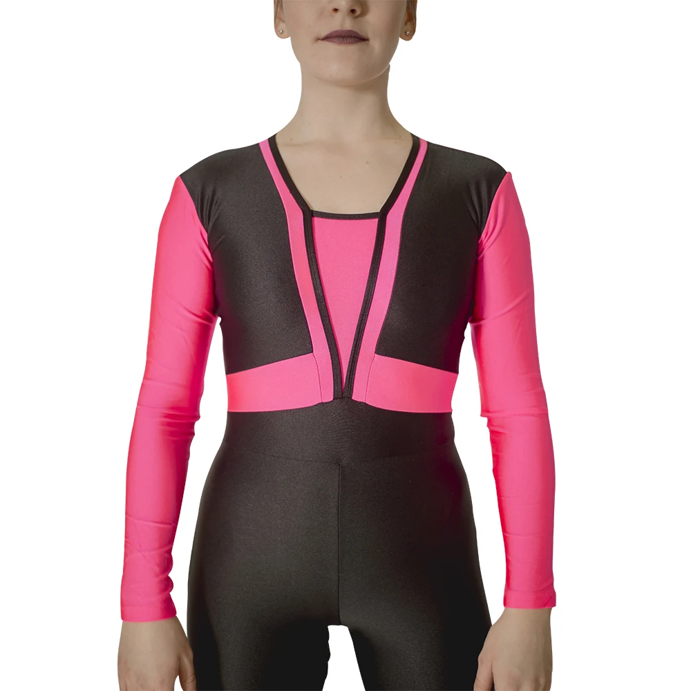 NylonLycra Long Sleeve Two Tone Dance Unitard V Front Shiny Lycra Long Bodysuit Gymnastic Bodywear