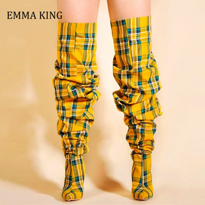 

Women Plaid And Pleated Boots Pointed Toe High Heels Over-the Knee Boot Female Slouch Boots Side Zip British Style Shoes Women