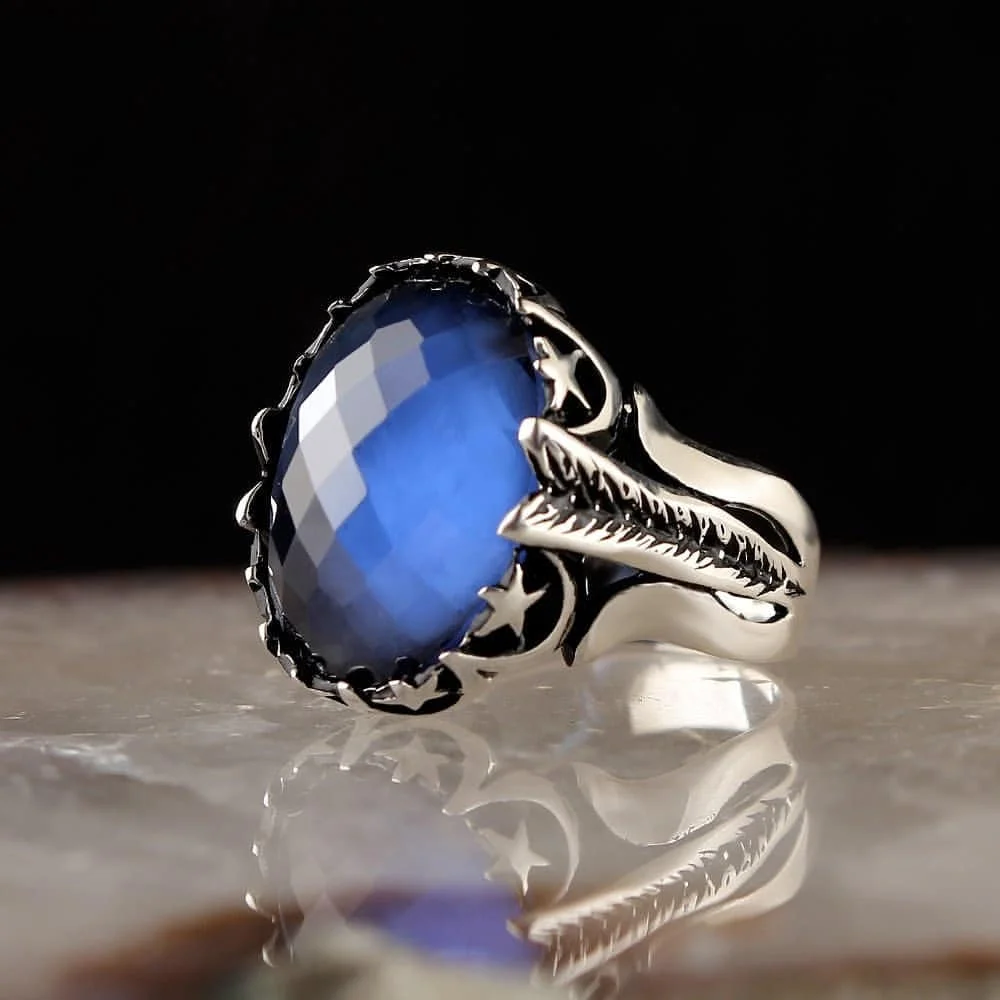 

925 Sterling Silver Ring for Men Blue Natural Zircon Stone Jewelry Fashion Vintage Gift Onyx Aqeq Mens Rings All Size