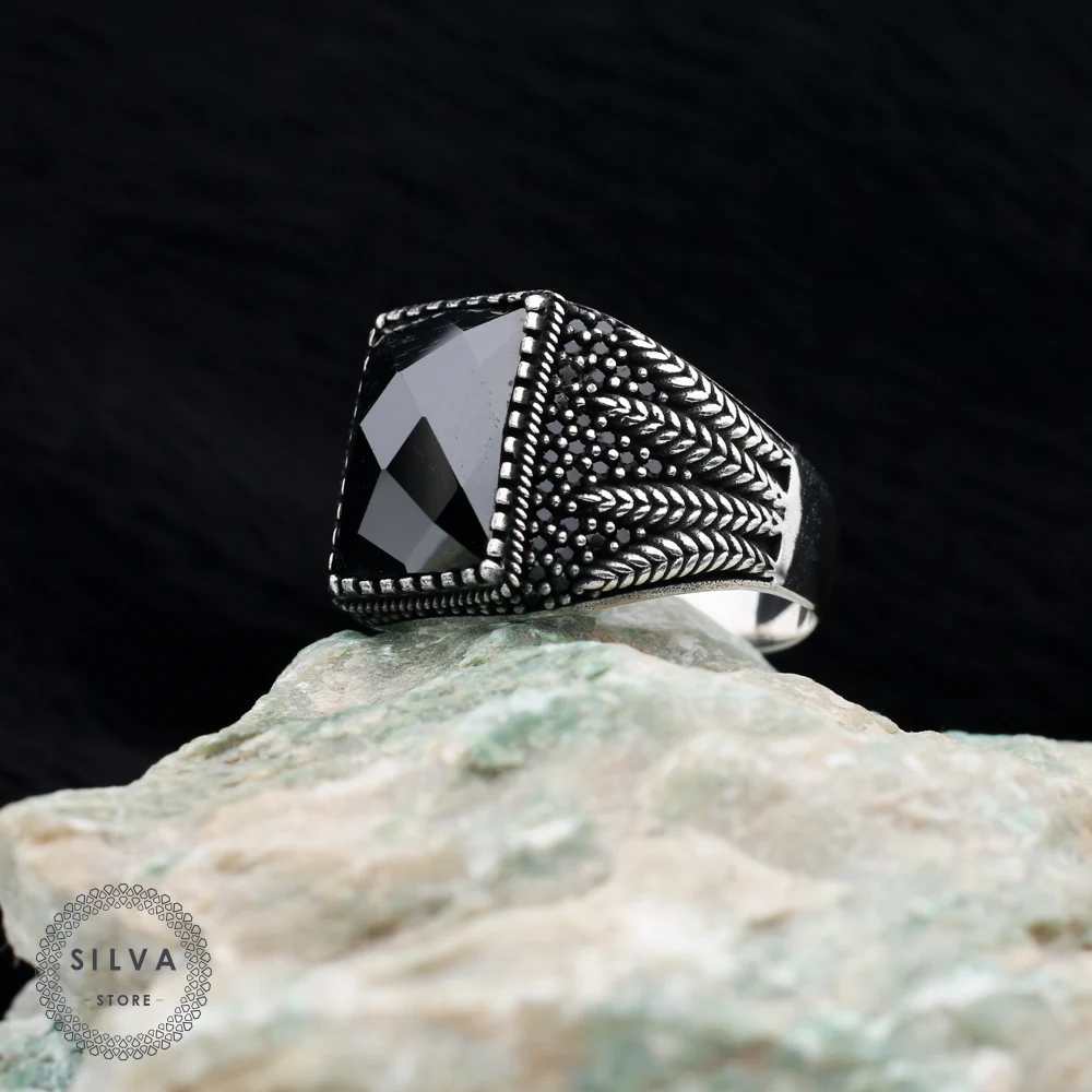 Original Sterling 925 Silver Men's ring With Black Zircon Stone . Men's Jewelry All Sizes Are Available