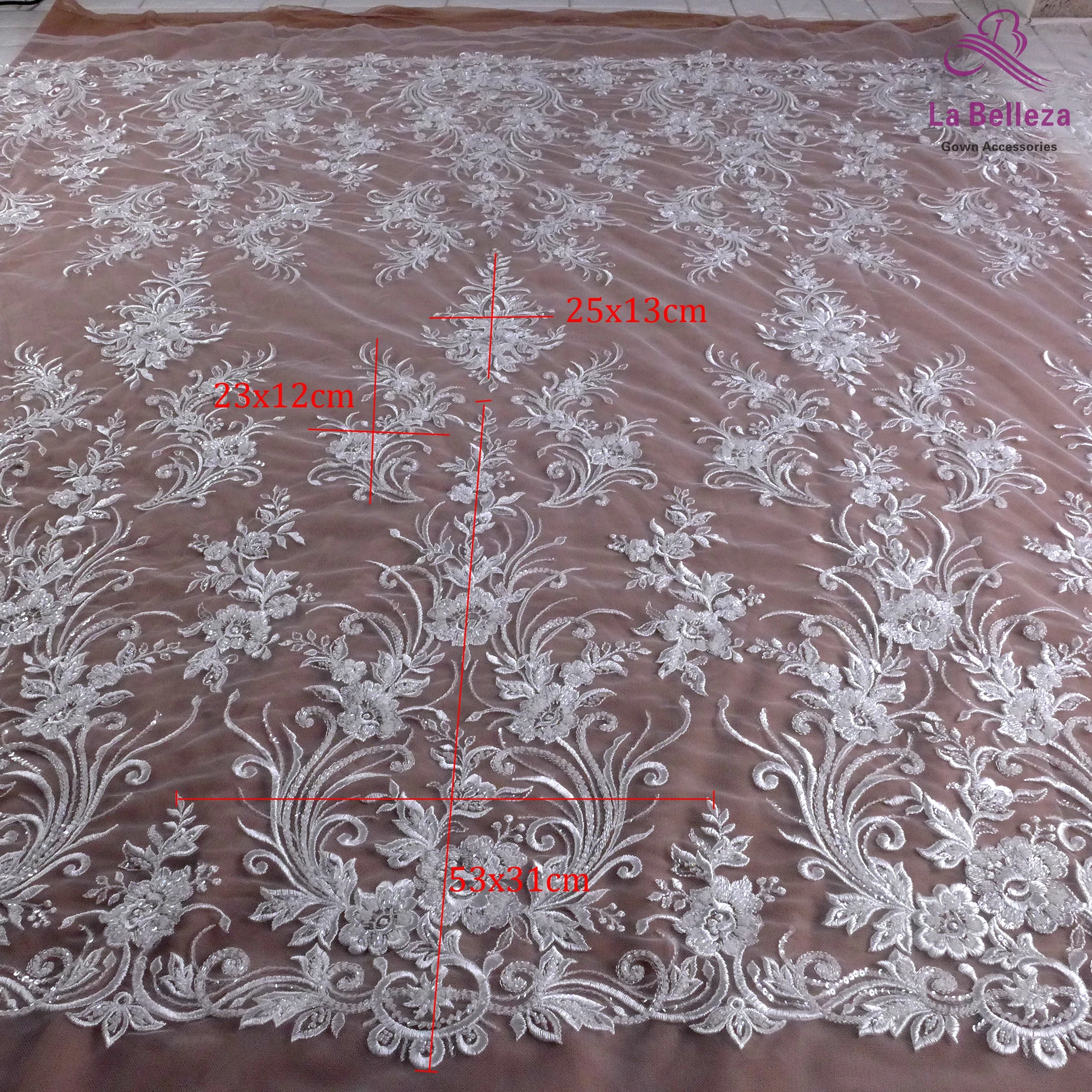 La Belleza 2021 flowers patterns bridal lace,sequins beaded lace fabric,off white gown dress lace fabric 51\'\' width 1 yard