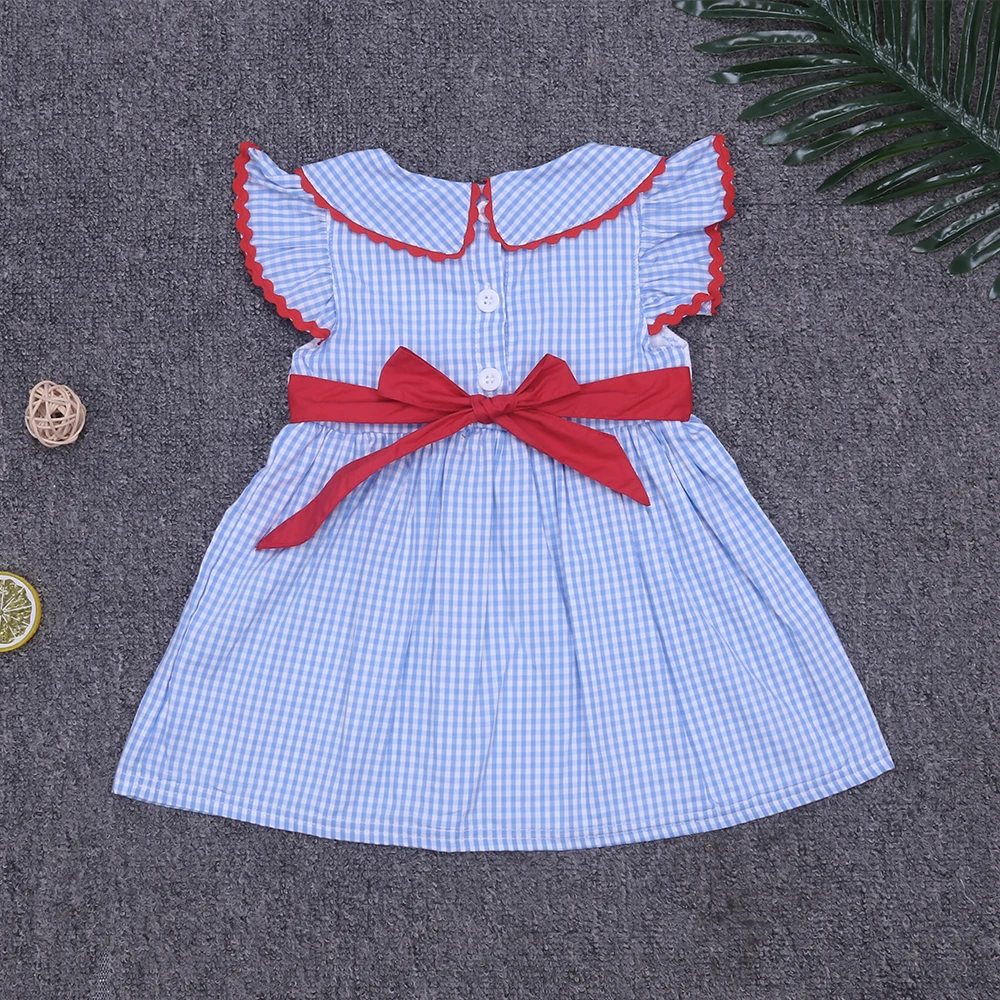 One-Piece Cotton Clothes Summer New Style Beautiful Flag Embroidery Red Bow Dress Pretty Blue Grid Jumpsuit Romper For Girls