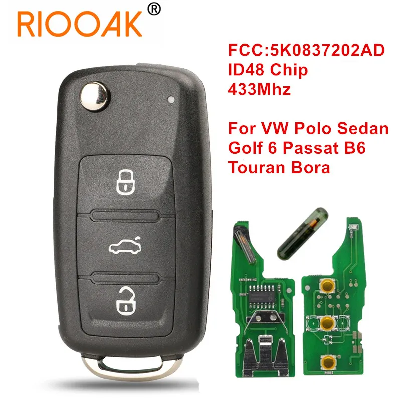 1/2/3/5pcs 433MHz ID48 Chip Flip Remote Key 5K0837202AD for VW Polo Sedan Golf 6 Passat B6 Volkswagen Touran Bora