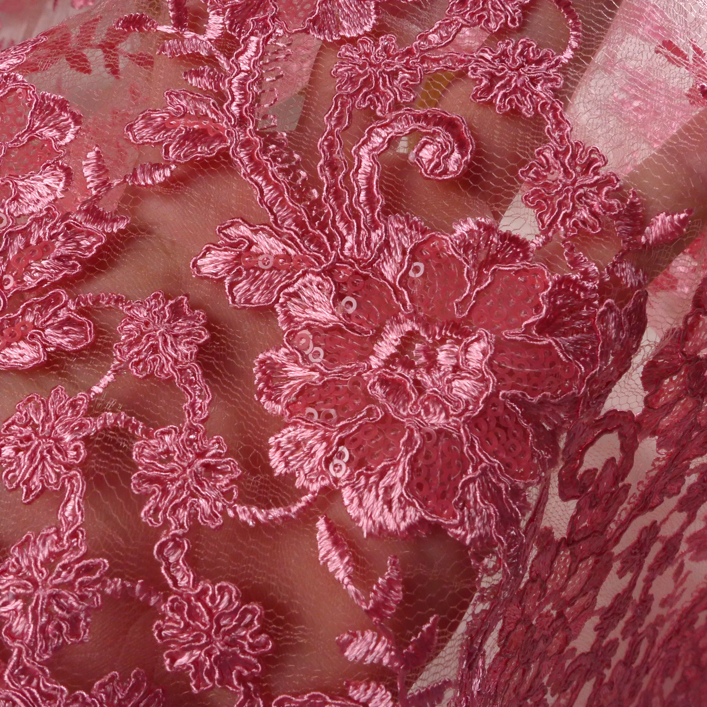 La Belleza 1 yard  Pink cord with sequins on irregular Dark pattern net embroidery lace fabric