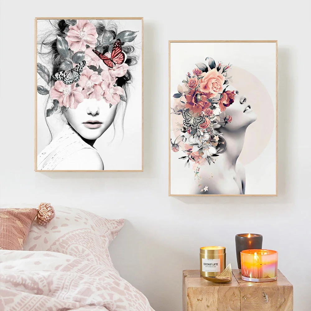 

Nordic Portrait Canvas Painting Woman and Flowers Posters and Prints Wall Art Picture for Living Room Fashion Home Decoration