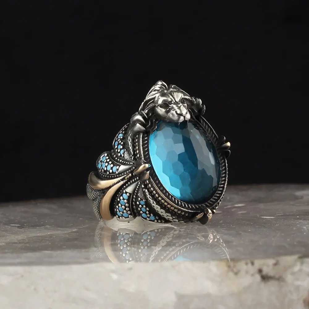 

MEN 'S 925 Sterling Silver Ring Blue Topaz Stone Lion Motif, Gift Item, special Design Handmade Made in Turkey